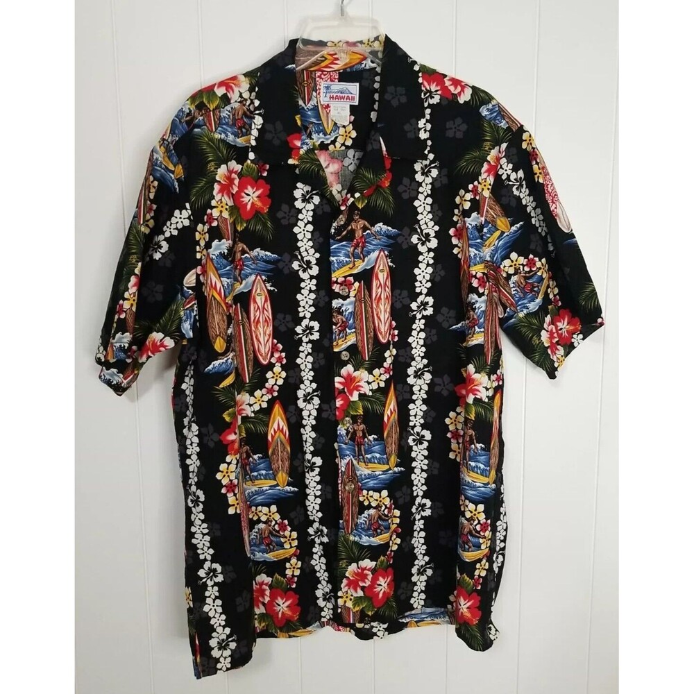 Vintage Hawaii Shirt Mens Size XL Black Red Surf Floral Button Up